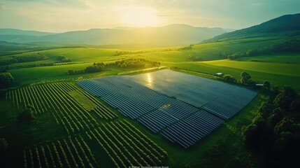 Aerial view of solar panels amidst green vineyards and hills at sunrise.