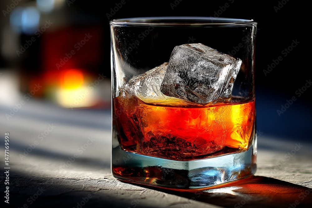 Aufkleber rich bourbon whiskey with ice cubes glistening in glass, highlighted by soft light on a textured sur