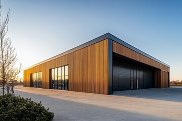 Fototapeta premium Modern industrial warehouse building with wooden facade at sunset