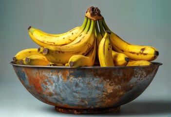 a still life featuring a generous bunch of ripe bananas overflowing from a weathered and rustic metal bowl against a muted teal background.