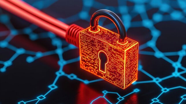 A digital padlock and red cable symbolize cybersecurity and data protection on a glowing network background.