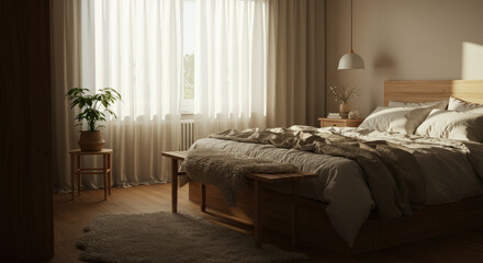Warm and Cozy Scandinavian Bedroom with Wooden Furniture – Modern Minimalist Interior