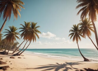 Fototapeta premium Sun-drenched beach, vintage film grain, palm trees, photographic, holiday, image