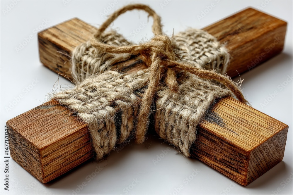 Poster wooden cross wrapped in twine on a plain background showcasing craftsmanship and natural materials