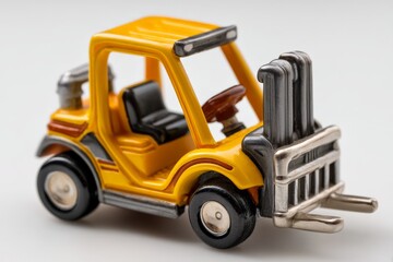 Fototapeta premium Small yellow toy construction truck with detailed features and a shiny front grill on a neutral background