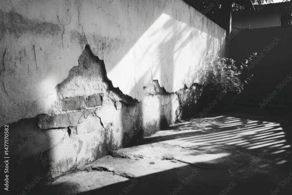 Poster textured wall casts shadows in a secluded space during daytime providing a serene atmosphere