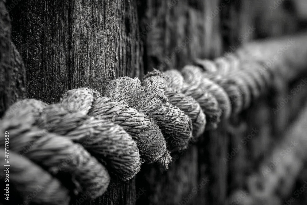 Poster close-up of a twisted rope resting against a wooden surface in black and white during daylight hours