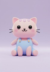 Naklejka premium Cute Pink Kitten in Blue Overalls, 3D Render