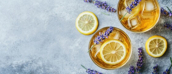 Refreshing Lavender Lemonade Overhead Shot on Textured Gray Surface for Summer Beverage Concept and Floral Garnish