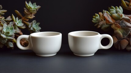 Fototapeta premium Two Small White Ceramic Cups with Succulents