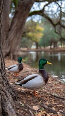 Obraz premium Mallard ducks by tranquil lake with woodland trees and autumn leaves in natural habitat waterfowl scene outdoors daytime