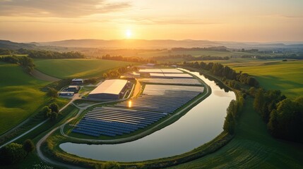 Rural landscape with agricultural structures and solar panels.