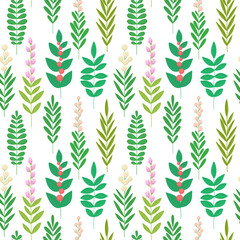 Seamless botanical pattern of twigs, botanical background elements, grass.