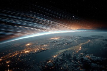 Spectacular view of planet Earth from space with light trails entering atmosphere, illustrating global connectivity and data streams.
