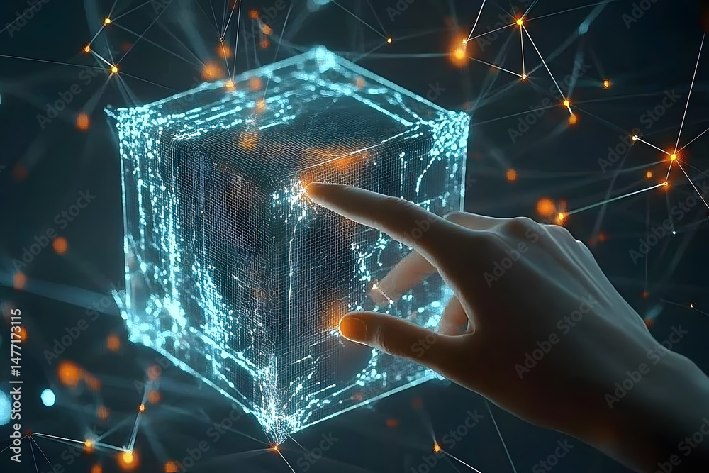 Poster big data concept. digital neural network.business woman hand touching introduction of artificial int