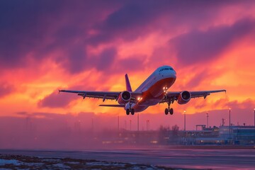 Naklejka premium Passenger airplane taking off into a fiery twilight sky from the runway at an airport near terminal buildings.