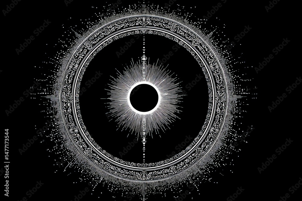Poster Intricate design depicting a solar eclipse with rays extending in all directions against a black background