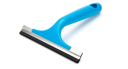 Bright Blue Cleaning Squeegee with Rubber Blade and Ergonomic Handle Isolated on White Background