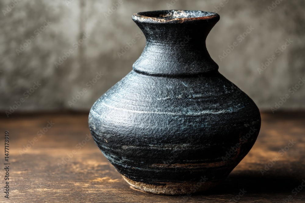 Poster ceramic pot with a dark glaze resting on a wooden surface in a studio setting