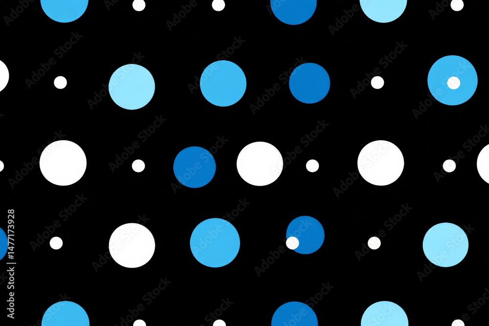 Poster colorful polka dots pattern on a black background showcasing various shades of blue and white circle