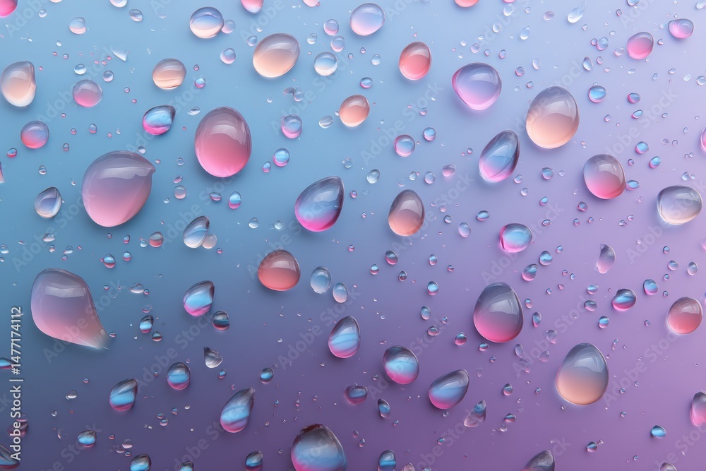 Poster Colorful water droplets create a beautiful pattern on a smooth surface in a vibrant gradient background
