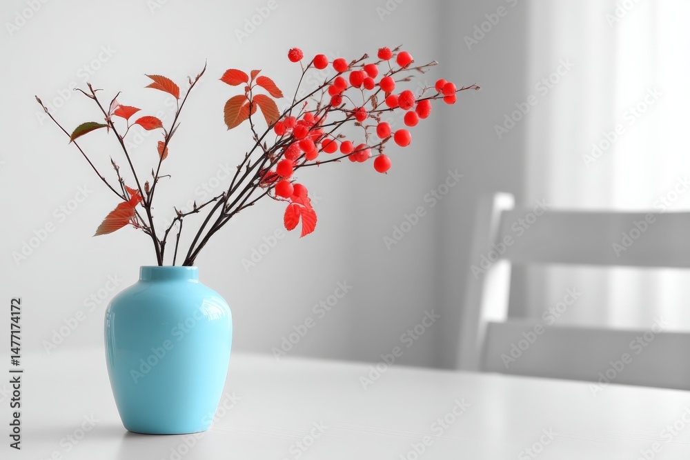 Poster bright red berries and autumn leaves arranged in a blue vase on a white table in a minimalist indoor