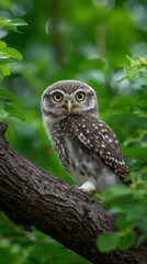 Spotted Owlet Perched on a Tree Branch in Lush Green Foliage Forest Wildlife Close up Bird Portrait Cute Bright Yellow Eyes
