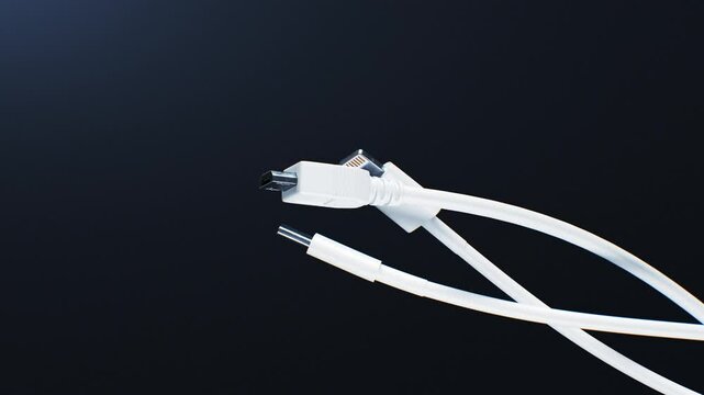Phone Charging Cables Turning on Black Background Loop 3d Animation. Type C, Micro USB, Lightning Connectors and Wires Network Close-up. Device Plugs Cords Electronics Equipment Illustration 4k.