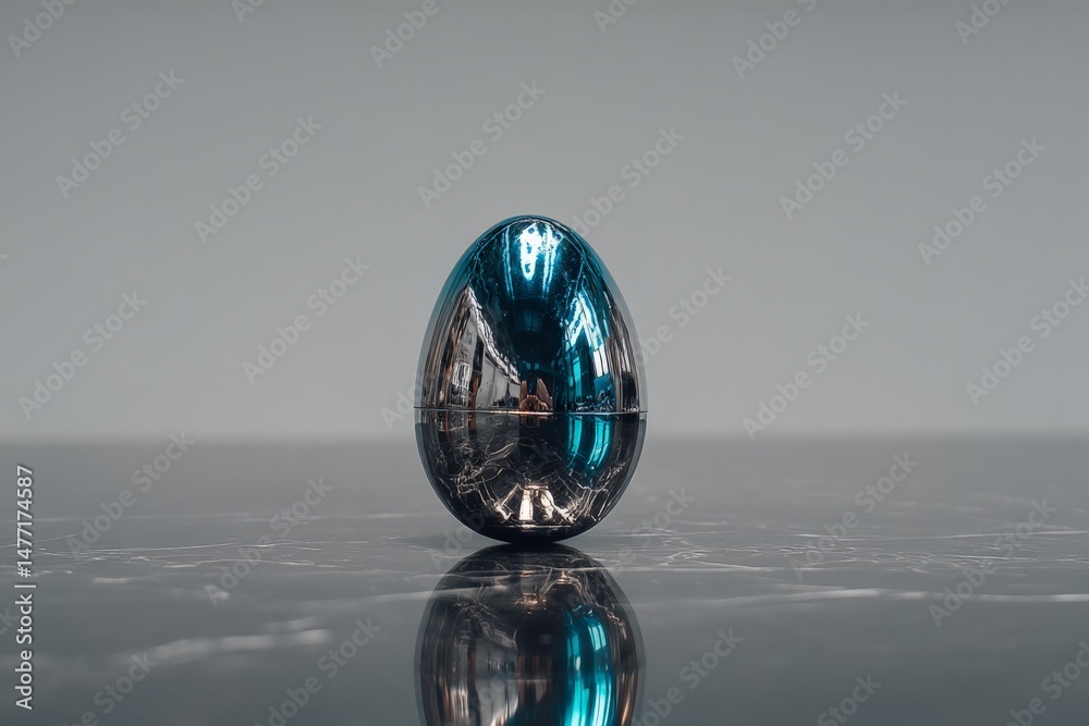 Poster reflective egg-shaped container placed on a dark marble surface showcasing a modern design and vibra