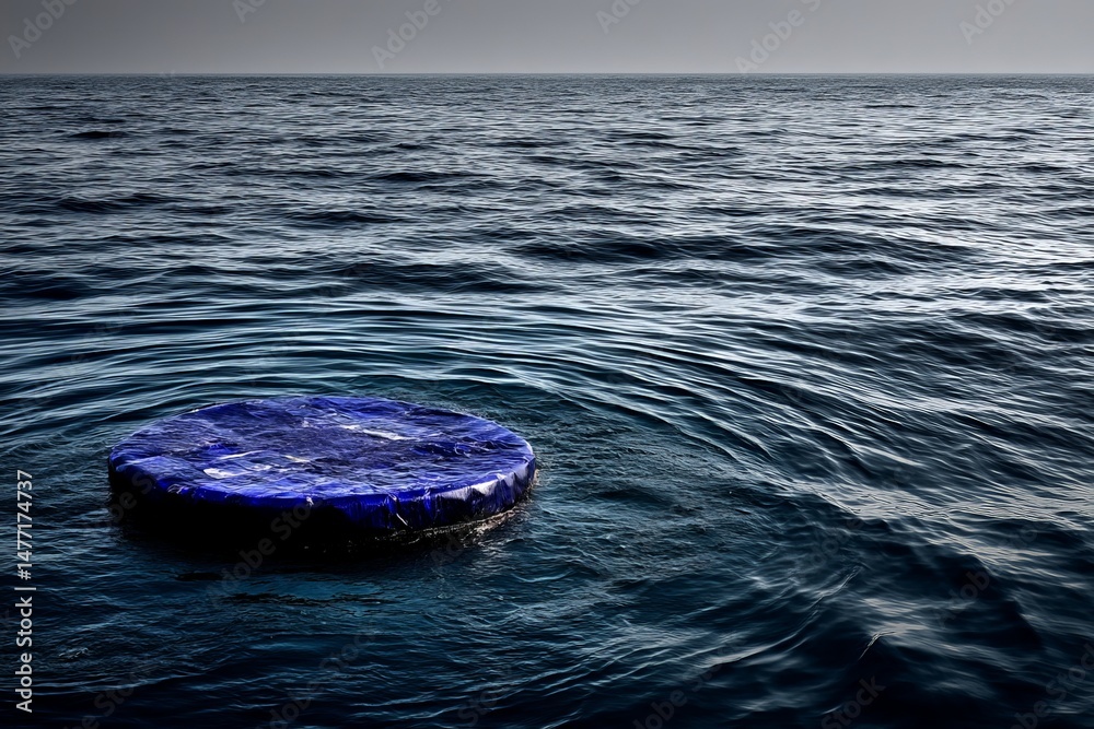 Poster floating blue circular object in calm ocean water at twilight