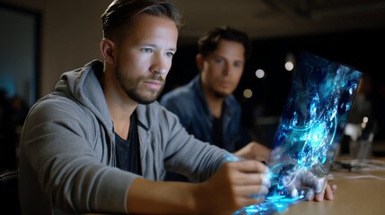 Two men engage with futuristic holographic technology in a modern workspace.
