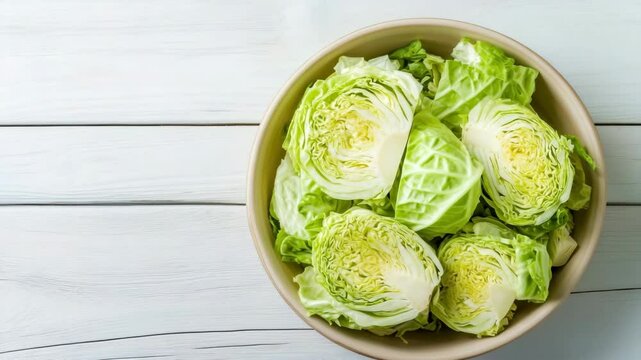 Fresh savoy cabbage halves resting in bowl on white wooden table