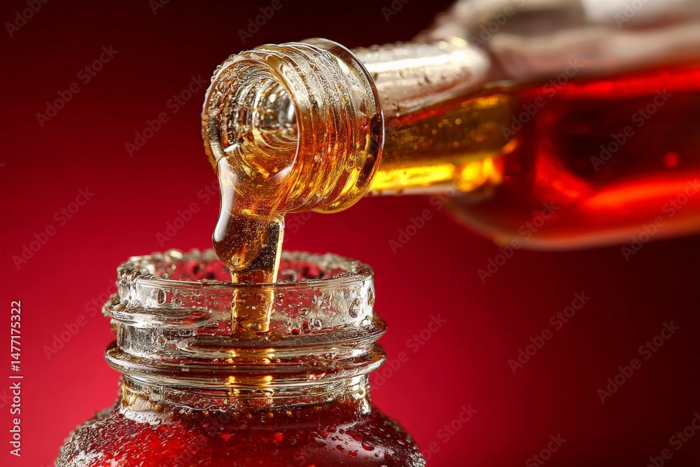 Poster Pouring amber liquid into a glass jar on a red background creates an appealing visual display of texture and color