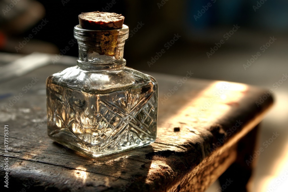 Poster vintage glass bottle with cork on a wooden table illuminated by sunlight in a rustic setting
