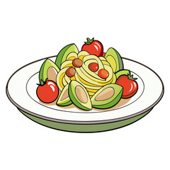 Chicken pasta salad with avocado and tomato on a plate on white background