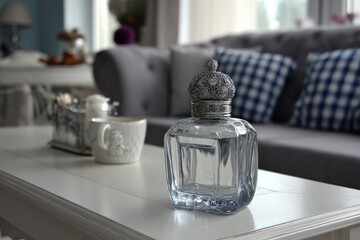 Elegant glass bottle with ornate lid on a table in a cozy living room with soft furnishings and decor