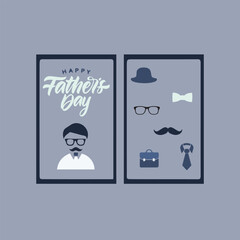 Happy Father's Day typography design, hand drawn lettering with mustache.cap,bow,tie,bag,glasses