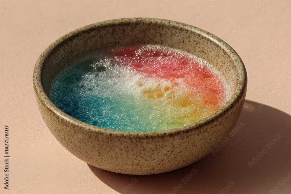 Poster vibrant colorful liquid swirling in a bowl under soft light on a smooth surface