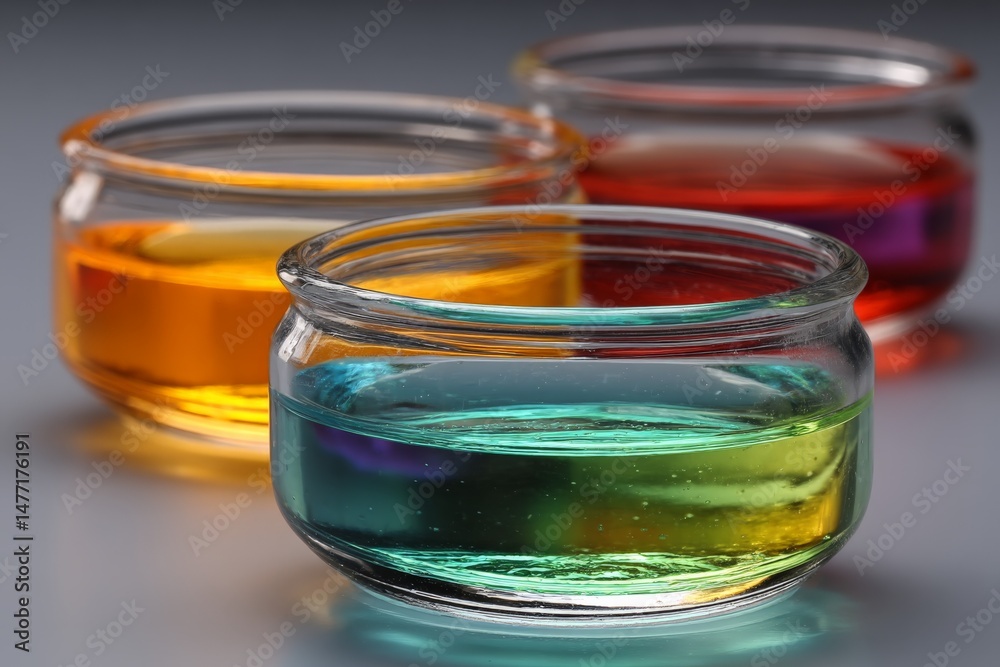 Poster brightly colored liquids in glass jars create a vibrant composition against a simple gray background
