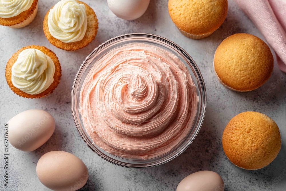Aufkleber colorful frosting and cupcakes arranged with eggs on a gray countertop