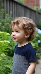 Curious Toddler Exploring Nature with Curly Hair and Sweet Expression in Garden Setting
