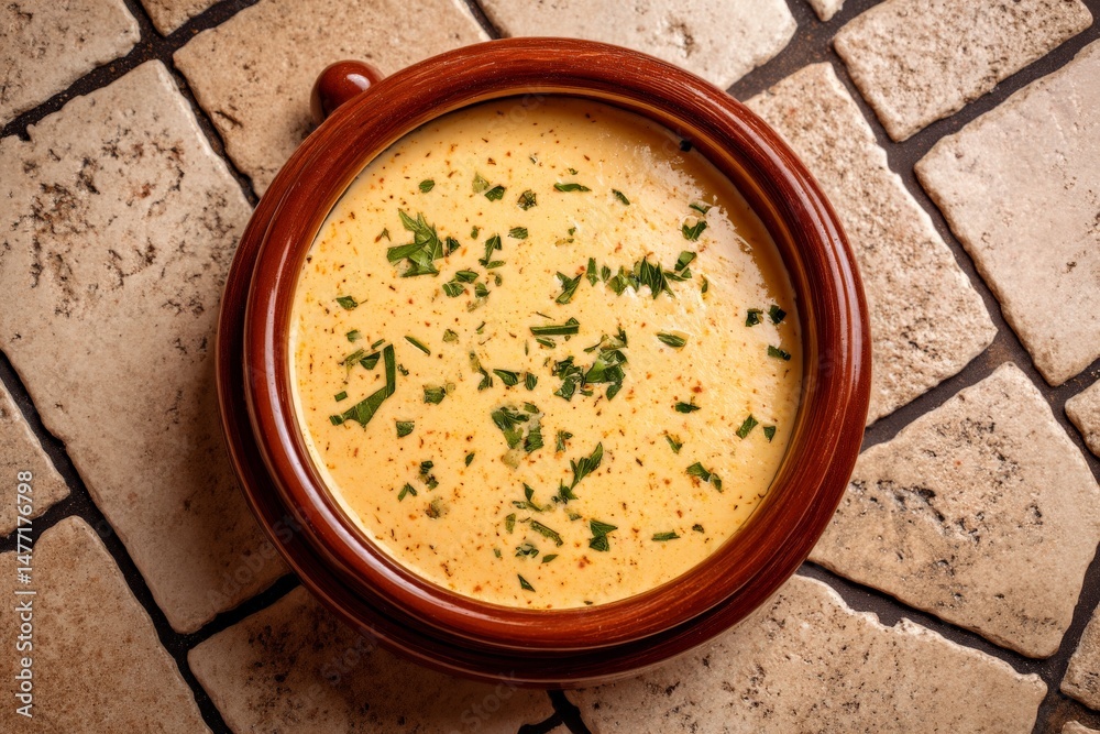 Poster creamy sauce topped with herbs served in a rustic bowl on a stone surface