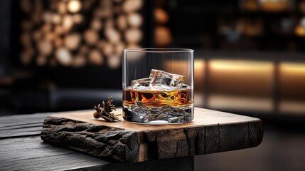 Realistic photo captures a glass of whiskey on a wooden coaster, evoking leeyongjay's artistic style with a cozy and inviting atmosphere in a warm setting.