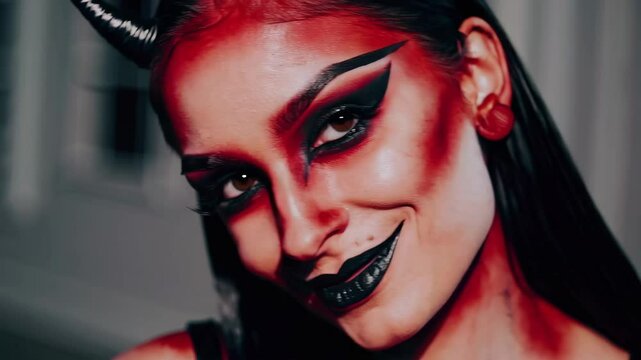 Enchanting transformation of a mysterious figure with dark makeup and horns