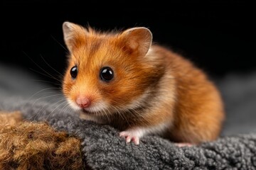 Close-up view of a curious golden hamster exploring its soft habitat in a cozy indoor setting
