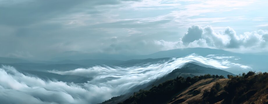 Breathtaking mountain view with clouds rolling over hills under a serene sky.