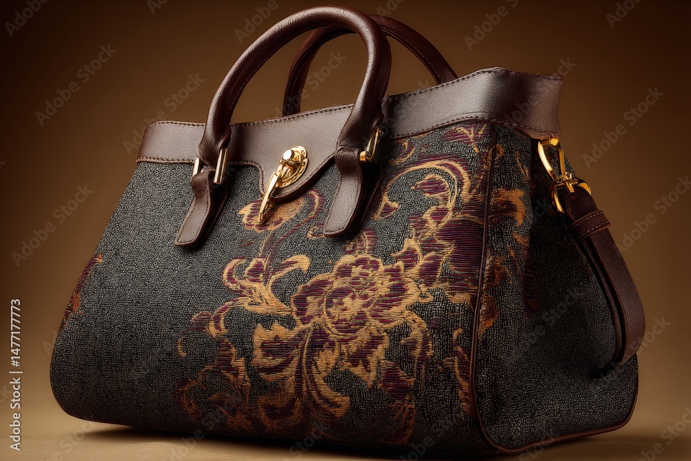 Poster handcrafted floral pattern handbag displayed on a textured surface in warm lighting