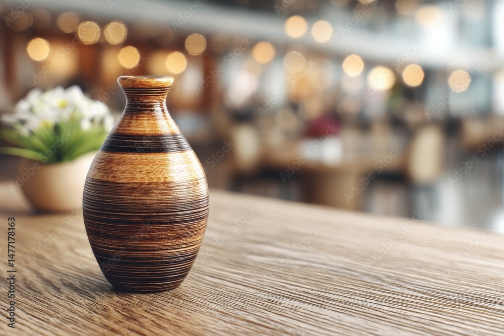 Poster crafted wooden vase displayed elegantly on a table in a modern dining area with warm lighting