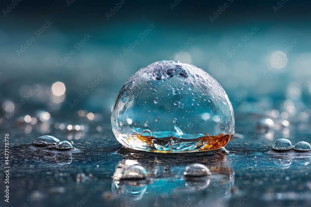 Poster transparent water droplet captures bubbles and reflections on a surface during a calm moment in natu