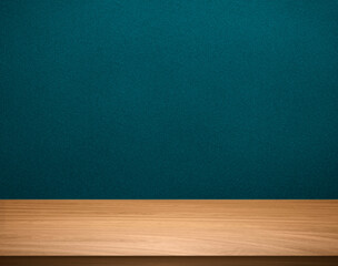 Empty brown wooden table top over green gradient background
